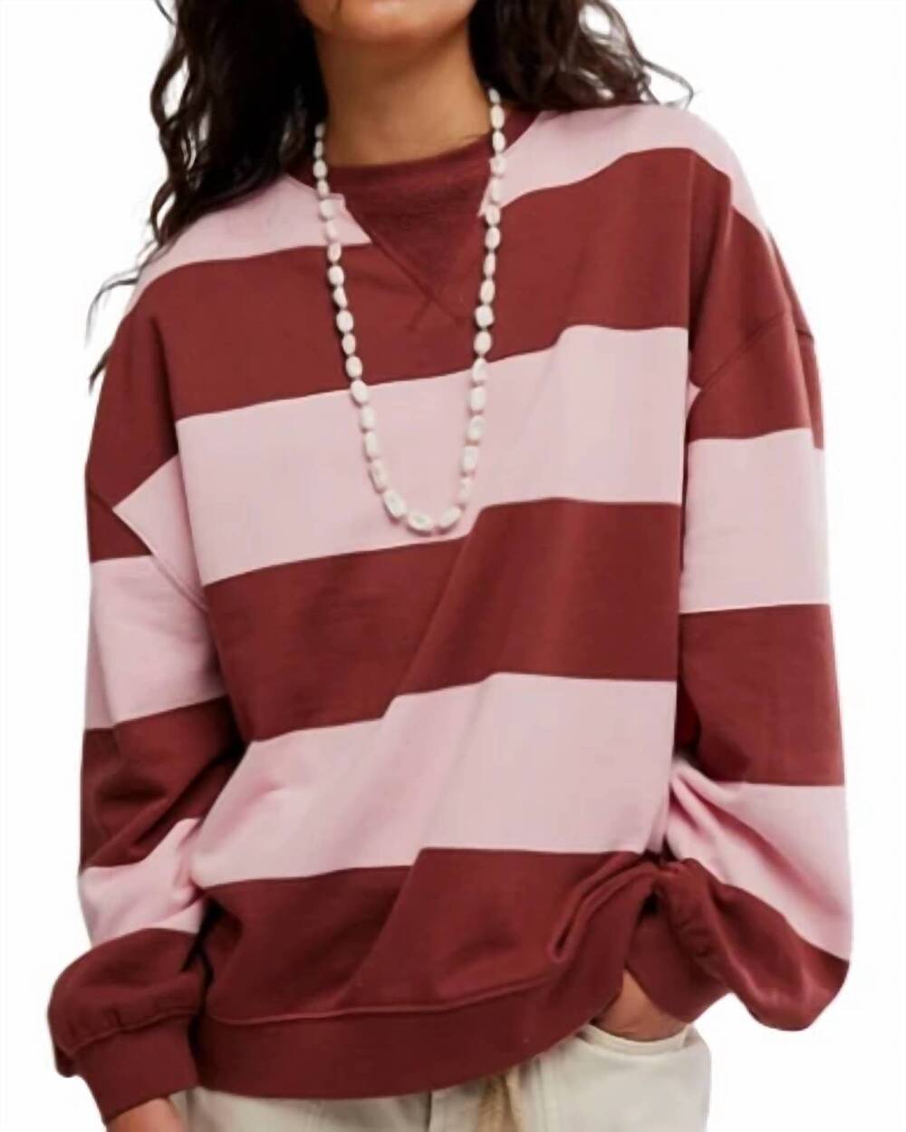 NEW FREE PEOPLE classic stripe crewneck top in strawberry wine combo